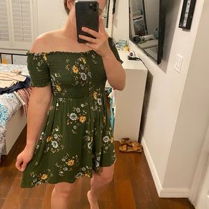 off the shoulder, TARGET green floral dress!